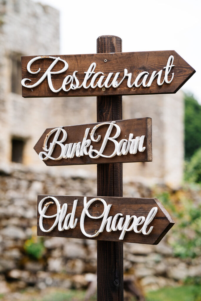 Rustic wooden signpost for restaurant and local attractions The Priests House in Barden, North Yorkshire