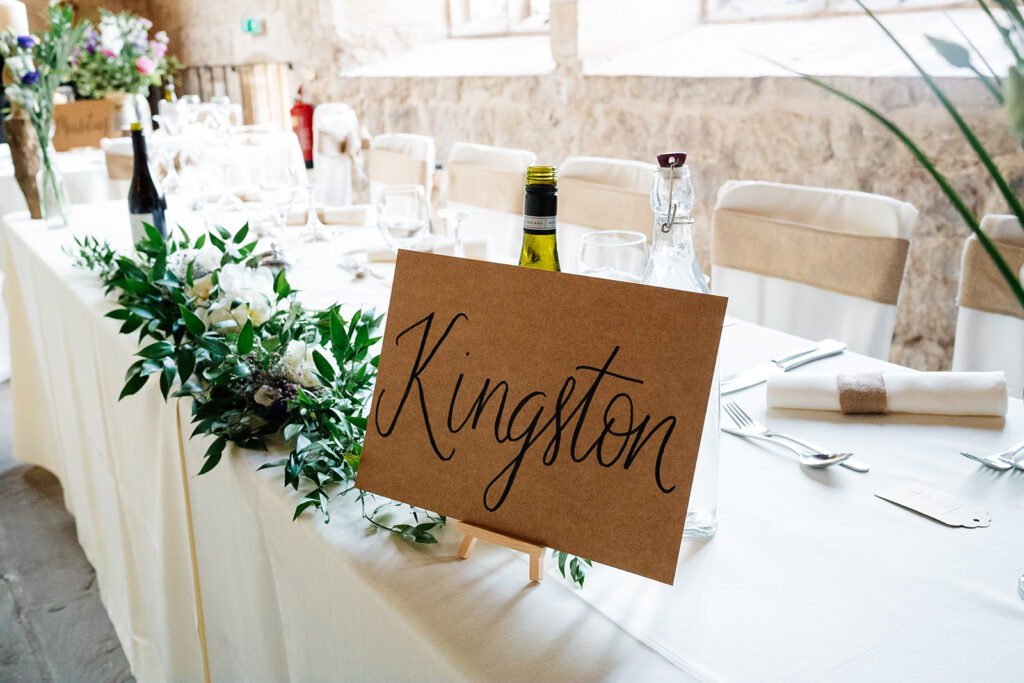 Elegant wedding table setting with floral centrepiece and sign